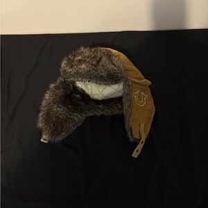 True Religion Cream and Brown Fur-Lined Hat